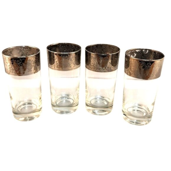 Dorothy Thorpe Style Mid-Century Silver Rimmed Highball Glasses Set Of 4 With Si - Picture 1 of 14